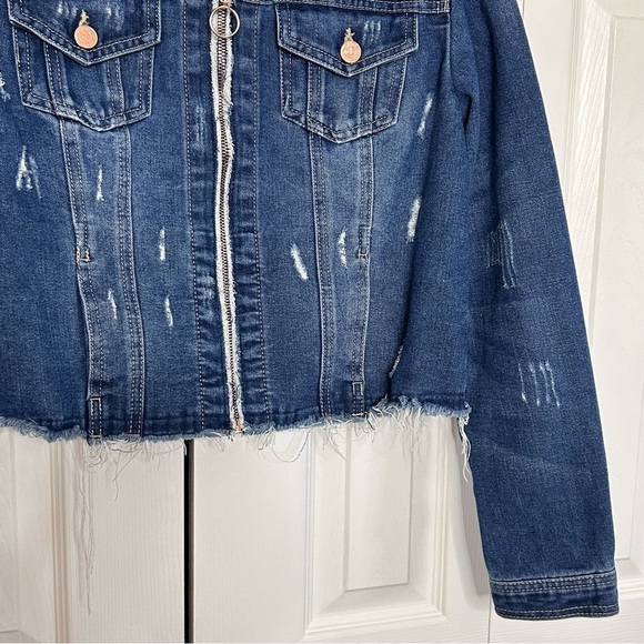 The One 5 One Denim Jacket Medium Blue Distressed Zip Front - Picture 7 of 13